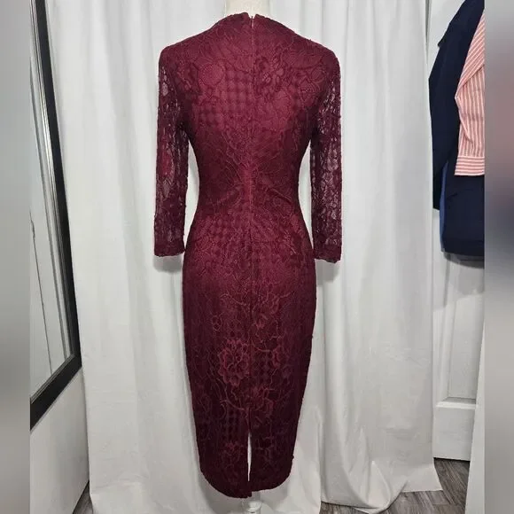 Jessica Simpson Burgundy Lace Overlay 3/4 Sleeve Midi Dress Sz 4 - Picture 4 of 12